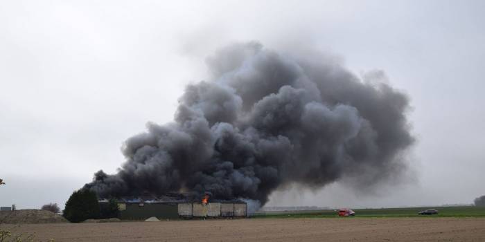 Grote brand verwoest schuur Eiersgatweg te Biervliet, rookwolk in wijde omgeving zichtbaar.