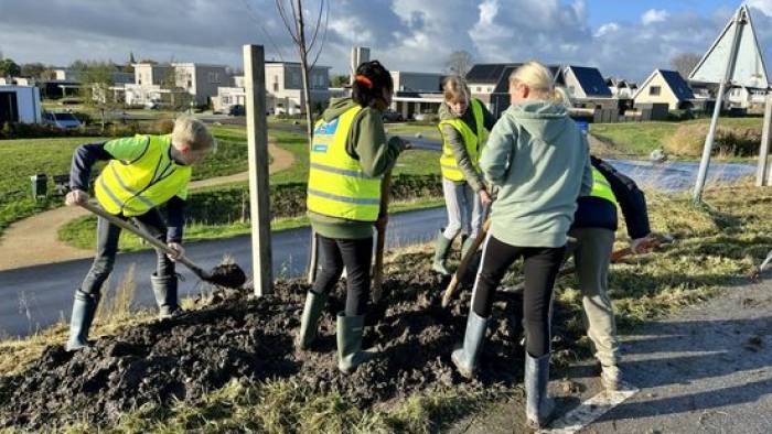 leerlingen planten veertig bomen op de Molendijk