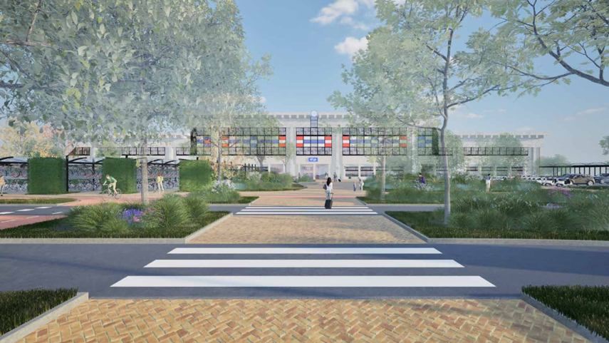 Een sfeerimplressie van de entree van het toekomstige Stationsgebied.