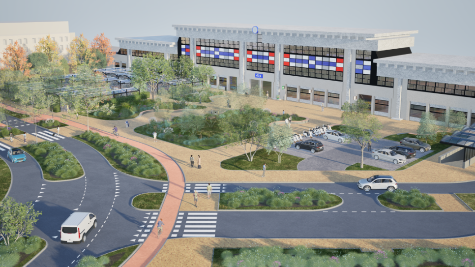 Ontwerp voor het vernieuwde stationsgebied. Het parkeerterrein rechts is op de plaats van het huidige Terminus.