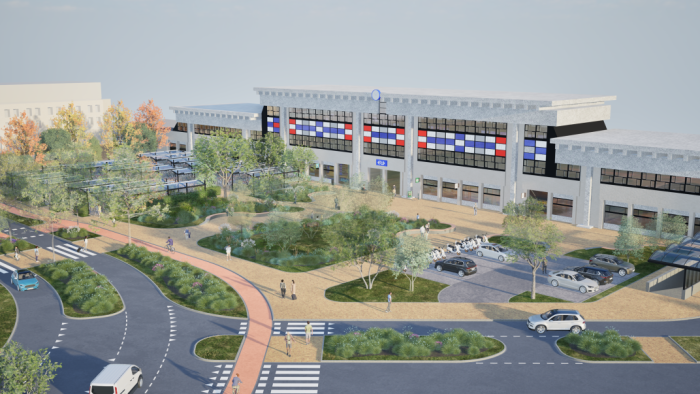 Ontwerp voor het vernieuwde stationsgebied. Het parkeerterrein rechts is op de plaats van het huidige Terminus.